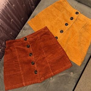 Corduroy Button-Front Mini Skirt - Rust and Mustard